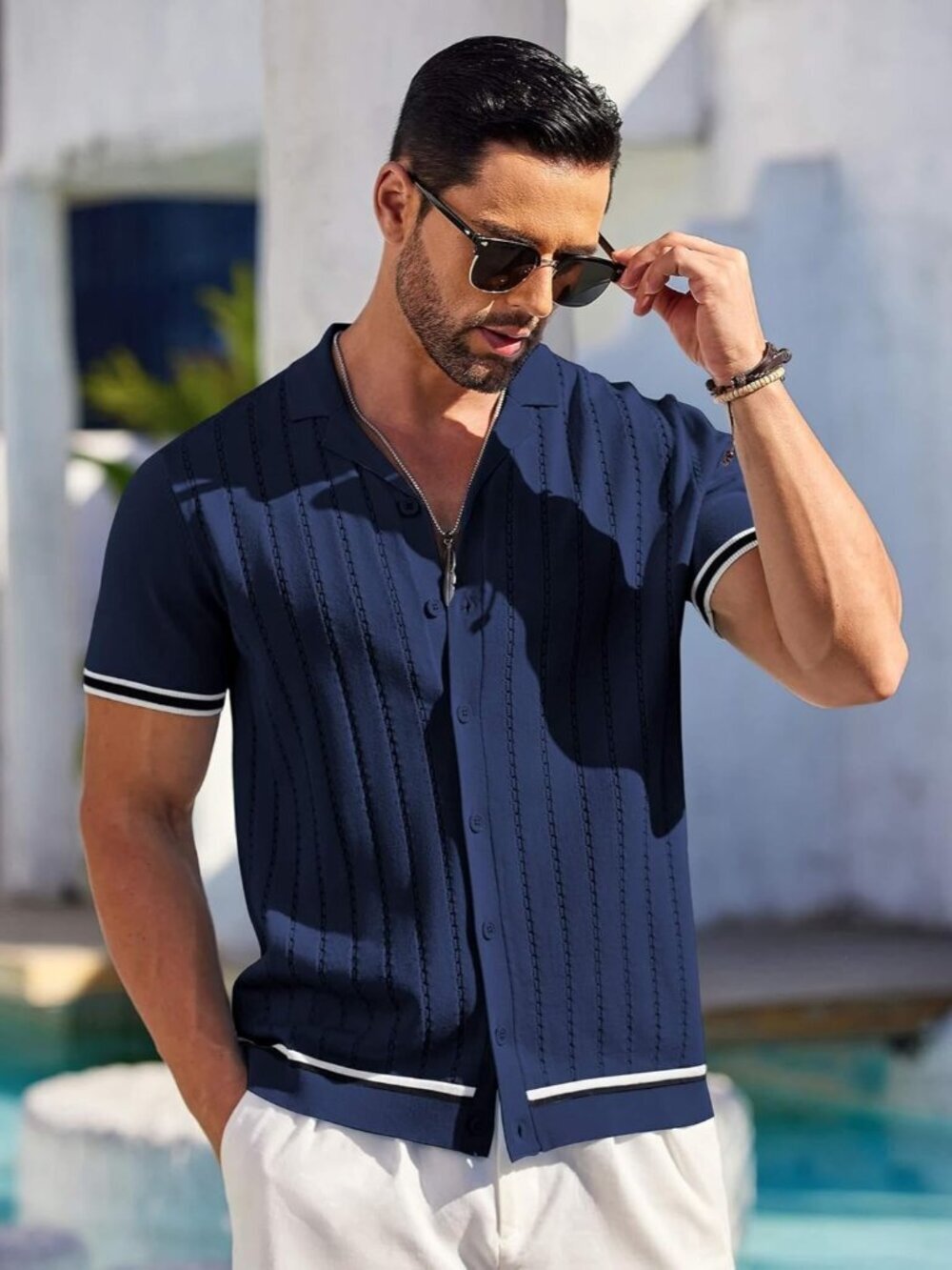 Men's Navy Blue Short Sleeve Knit Casual Button Down Vintage Striped Top Shirt - Picture 5 of 5